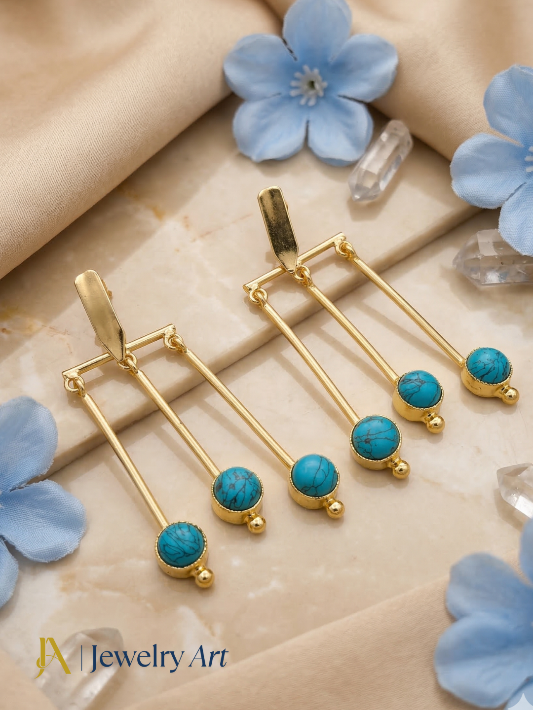Awesome Handcrafted Gold plated Dangle Earrings - Synthetic Turquoise Stone HangingDesigner Jewelry