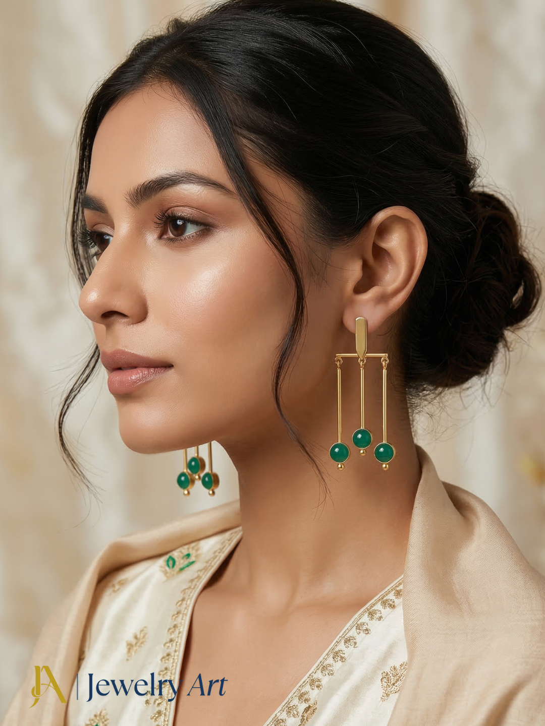 Stylish gold plated hanging earrings with green onyx gemstone statement jewelry
