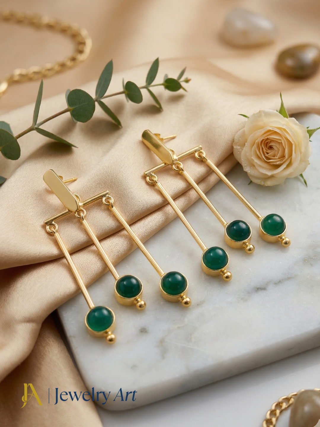 Stylish gold plated hanging earrings with green onyx gemstone statement jewelry
