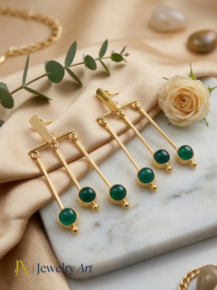 Stylish gold plated hanging earrings with green onyx gemstone statement jewelry
