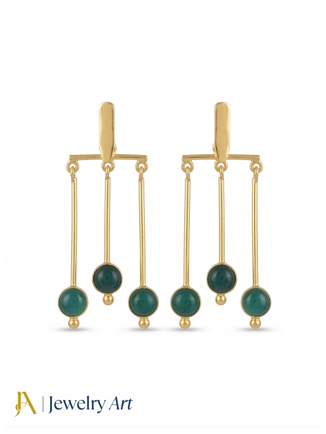 Stylish gold plated hanging earrings with green onyx gemstone statement jewelry
