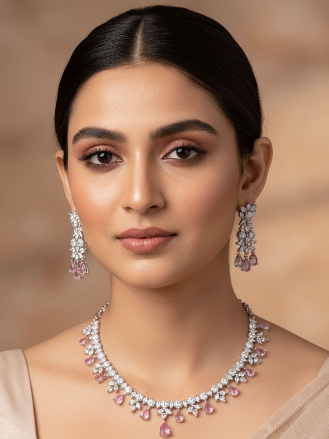 Awesome Designer Rhodium plated Silver CZ -Pink Hydro Qtz Necklace-Earring Set