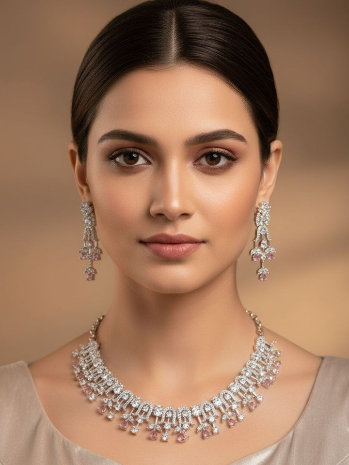 Amazing Designer Rhodium plated Silver CZ -Pink Hydro Qtz Necklace-Earring Set