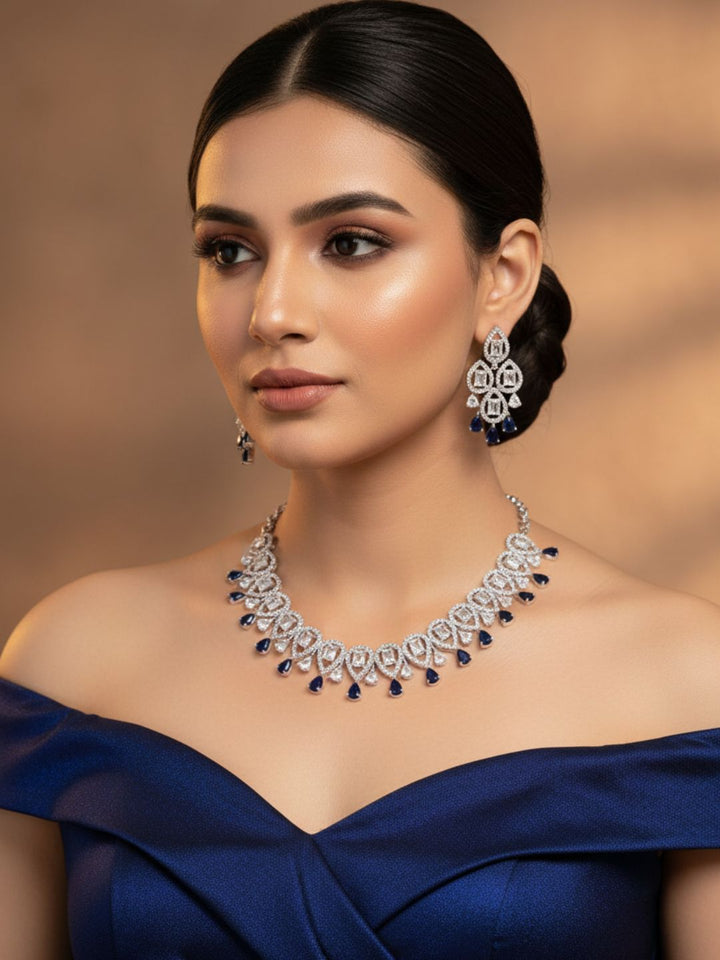 Gorgeous Designer Rhodium plated CZ -Blue Hydro Quartz Necklace-Earring Set