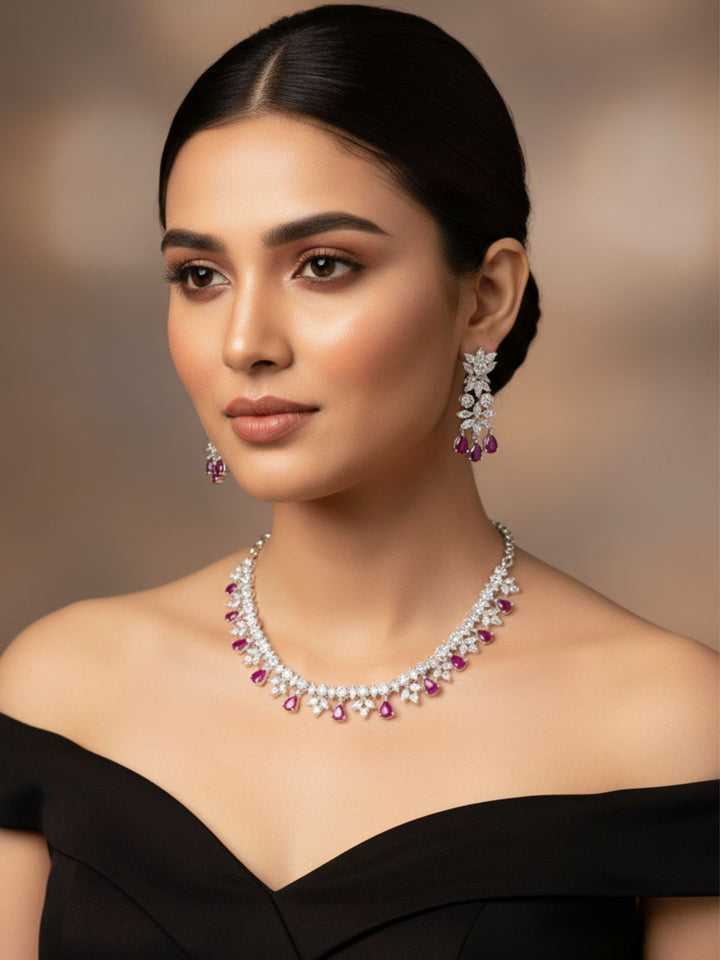 Awesome Designer Rhodium plated Silver CZ -Red Beryl Necklace-Earring Set