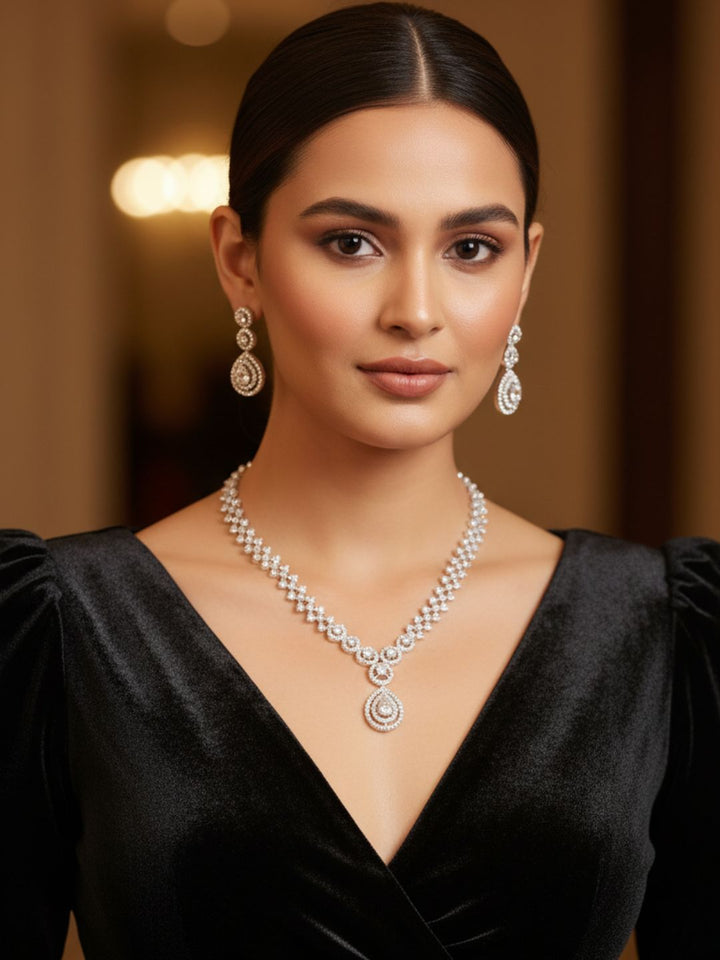 Stunning Designer Rhodium plated Silver Cubic Zirconia Necklace-Earring Set