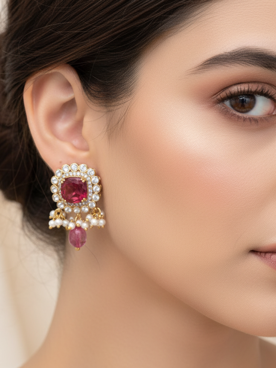 Charming AD-Red Hydro Quartz-Jade Beads- Pearl Light Weight Gift for Her Stud Earring