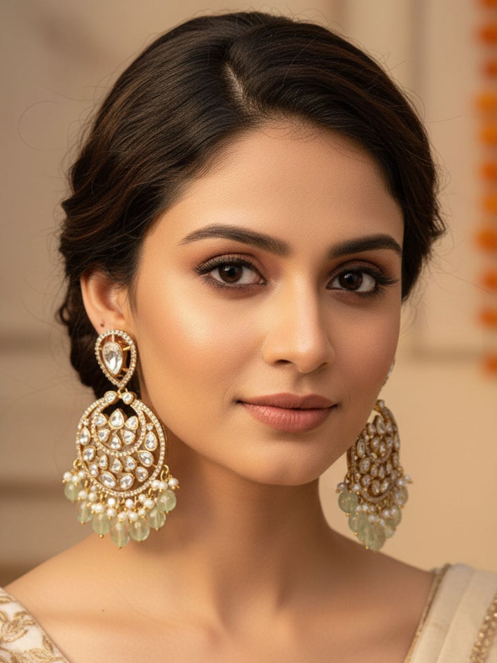 Amazing Artistic Antique Gold plated AD Stone Polky-Light Green Jade Beads with Shell Pearl Dangle Drop Earrings