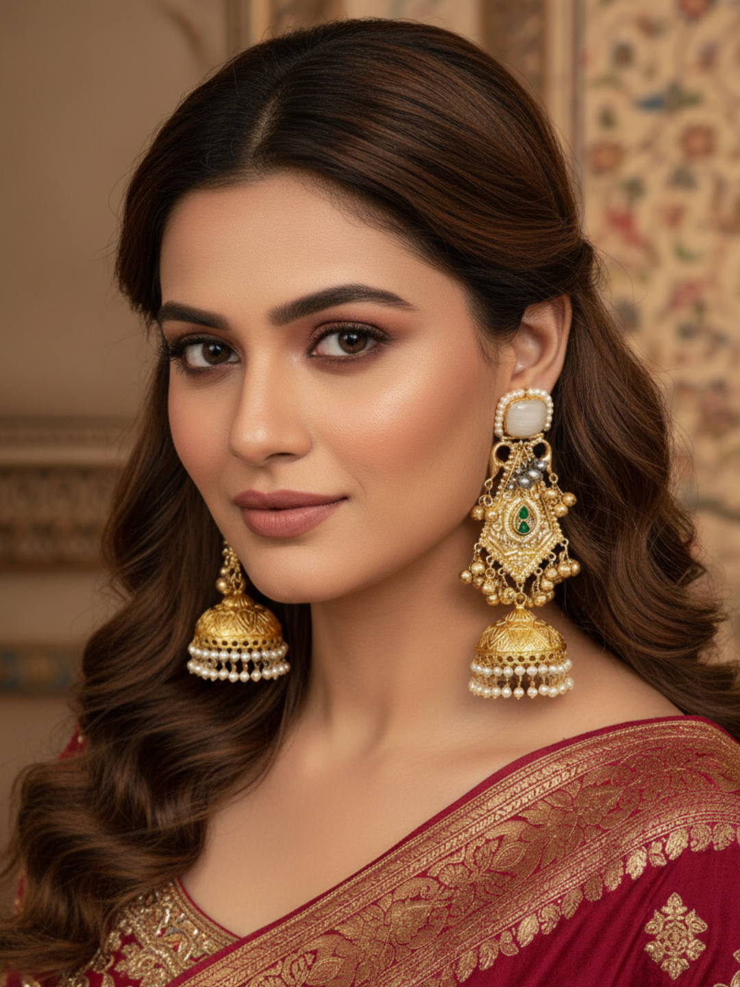 Exquisite Beige Color Monalisa -Green-White Glass Stones-Pearl Fancy Jhumka Earrings