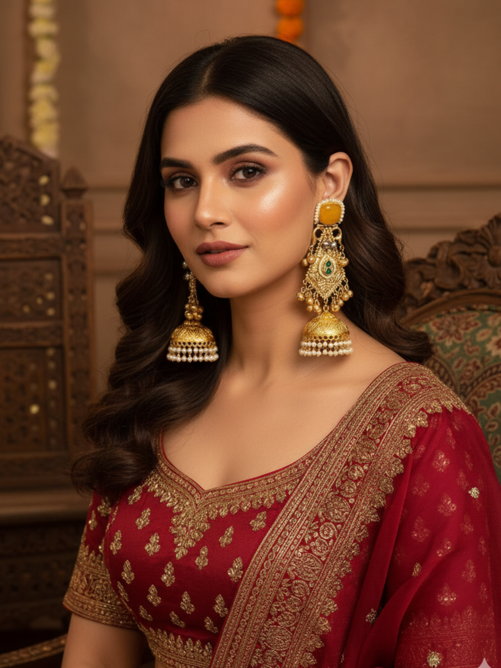 Exquisite Gold color Monalisa-Green & Red Glass Polky-Pearl Fancy Jhumka Earrings