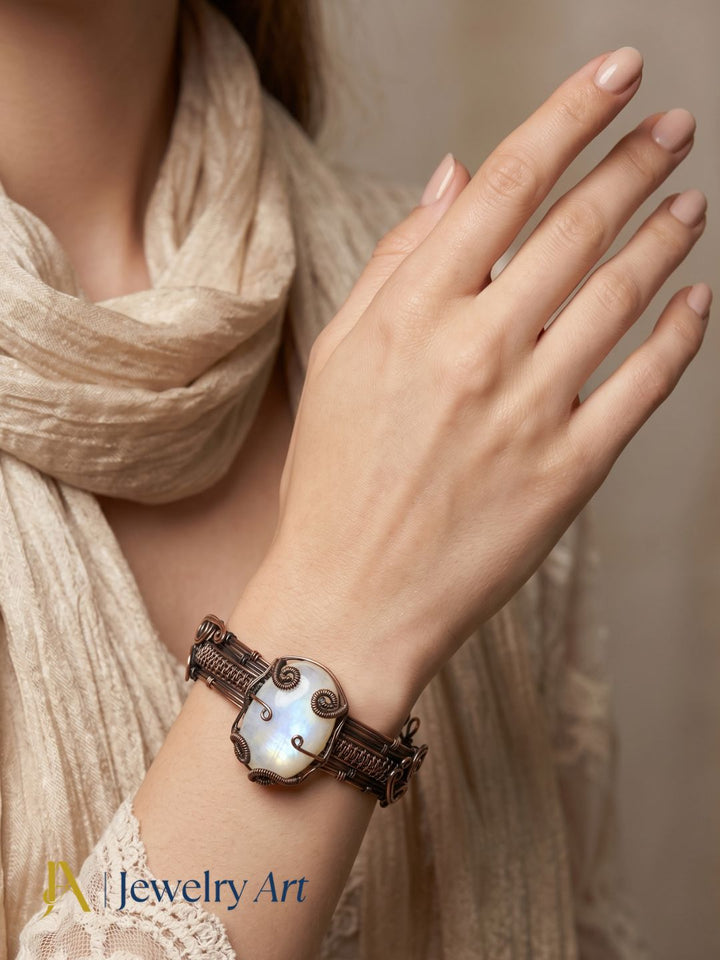copper oxidized rainbow gemstone cuff bangle handmade wire wrap artisan jewelry

