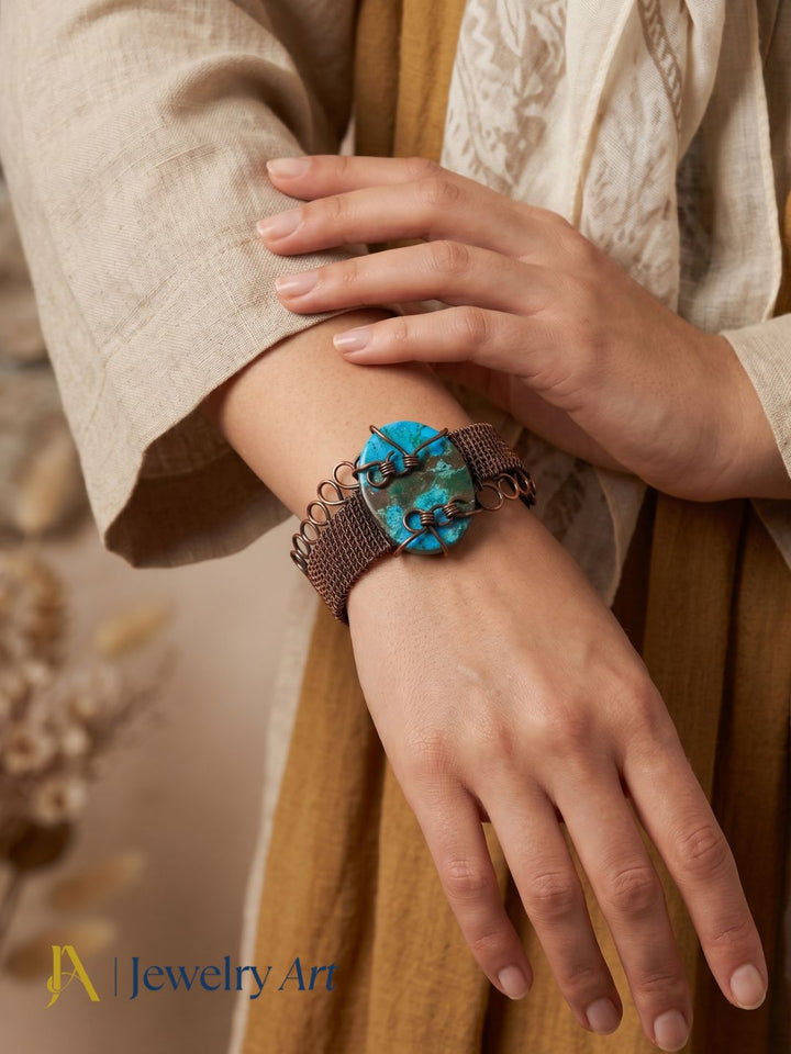 handmade oxidized copper cuff with turquoise natural stone look
