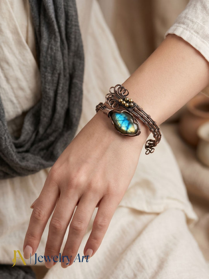 unique wire wrapped labradorite cuff bangle oxidized copper artistic style
