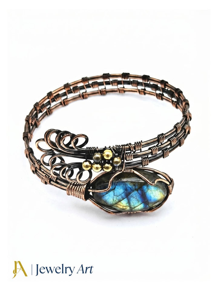 Awesome Handcrafted Copper Oxidized Labradorite Gem Stone Wire Wrapped charming Designer Cuff Bangle.