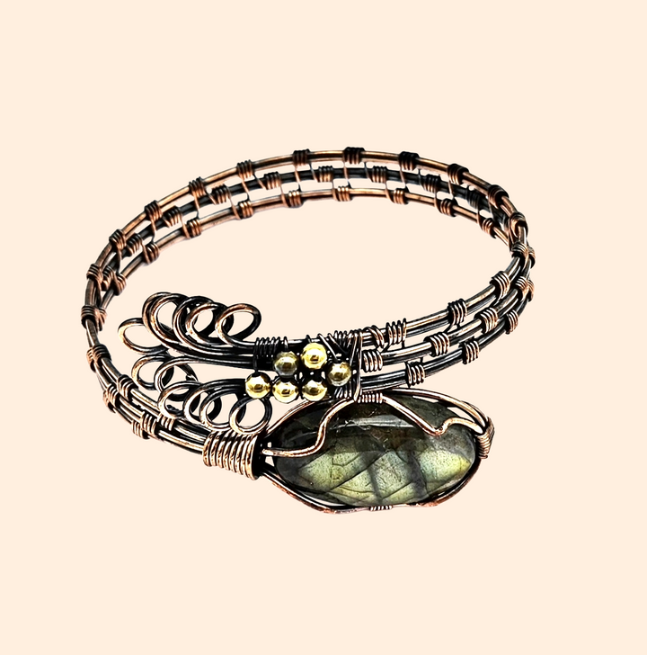Awesome Handcrafted Copper Oxidized Labradorite Gem Stone Wire Wrapped charming Designer Cuff Bangle.