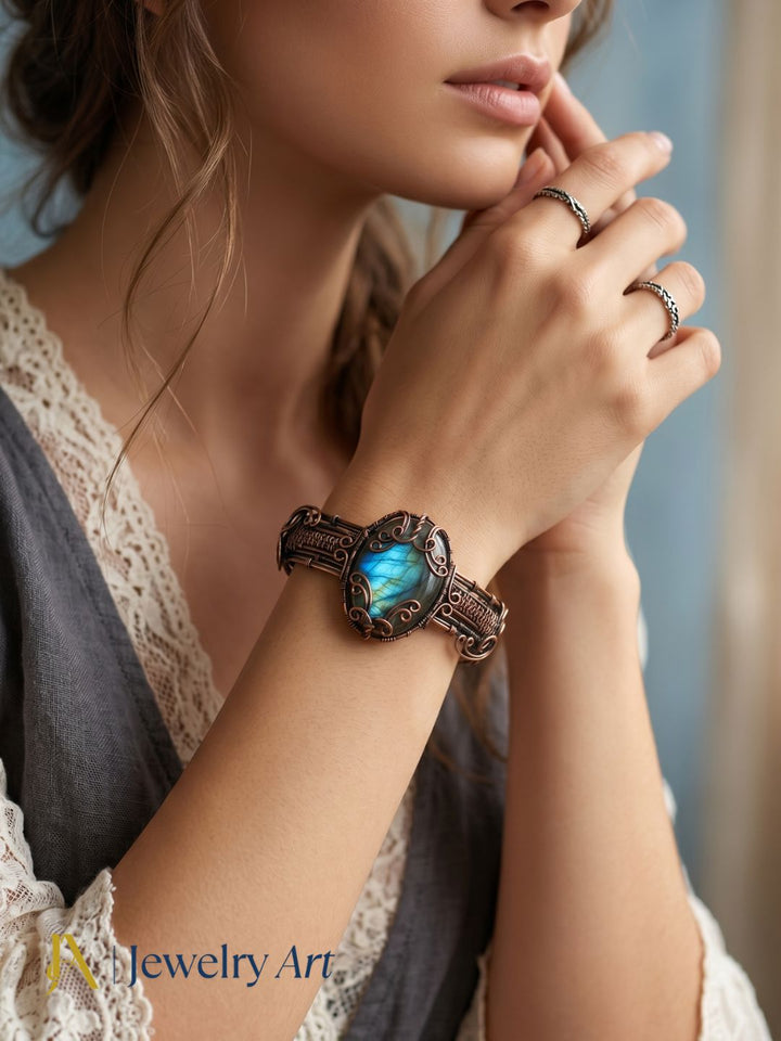 handmade oxidized copper cuff with labradorite reflective stone look
