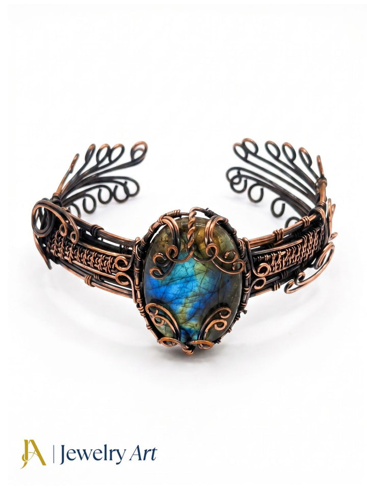 Awesome Handcrafted Copper Oxidized Labradorite Gem Stone Wire Wrapped charming Designer Cuff Bangle.