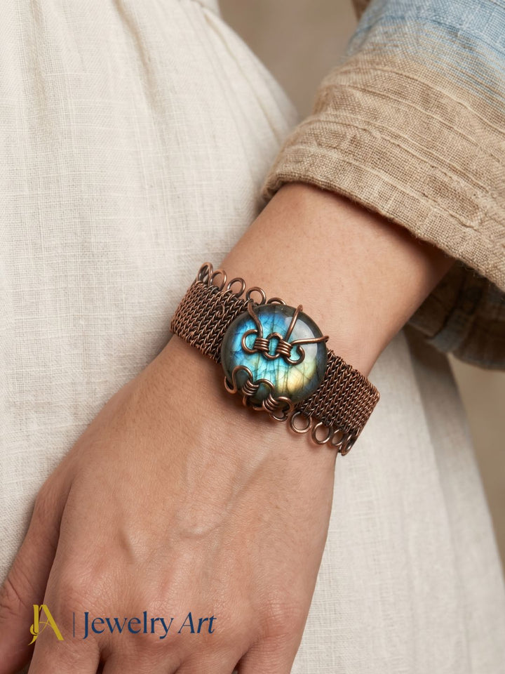 wire wrapped labradorite gemstone cuff bracelet copper tone handcrafted design
