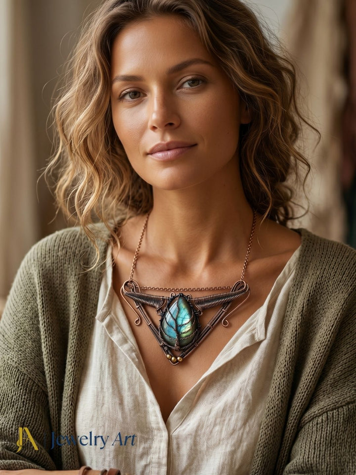 Awesome Handcrafted Copper Oxidized Labradorite Gem Stone Wire Wrapped Cute Designer Necklace
