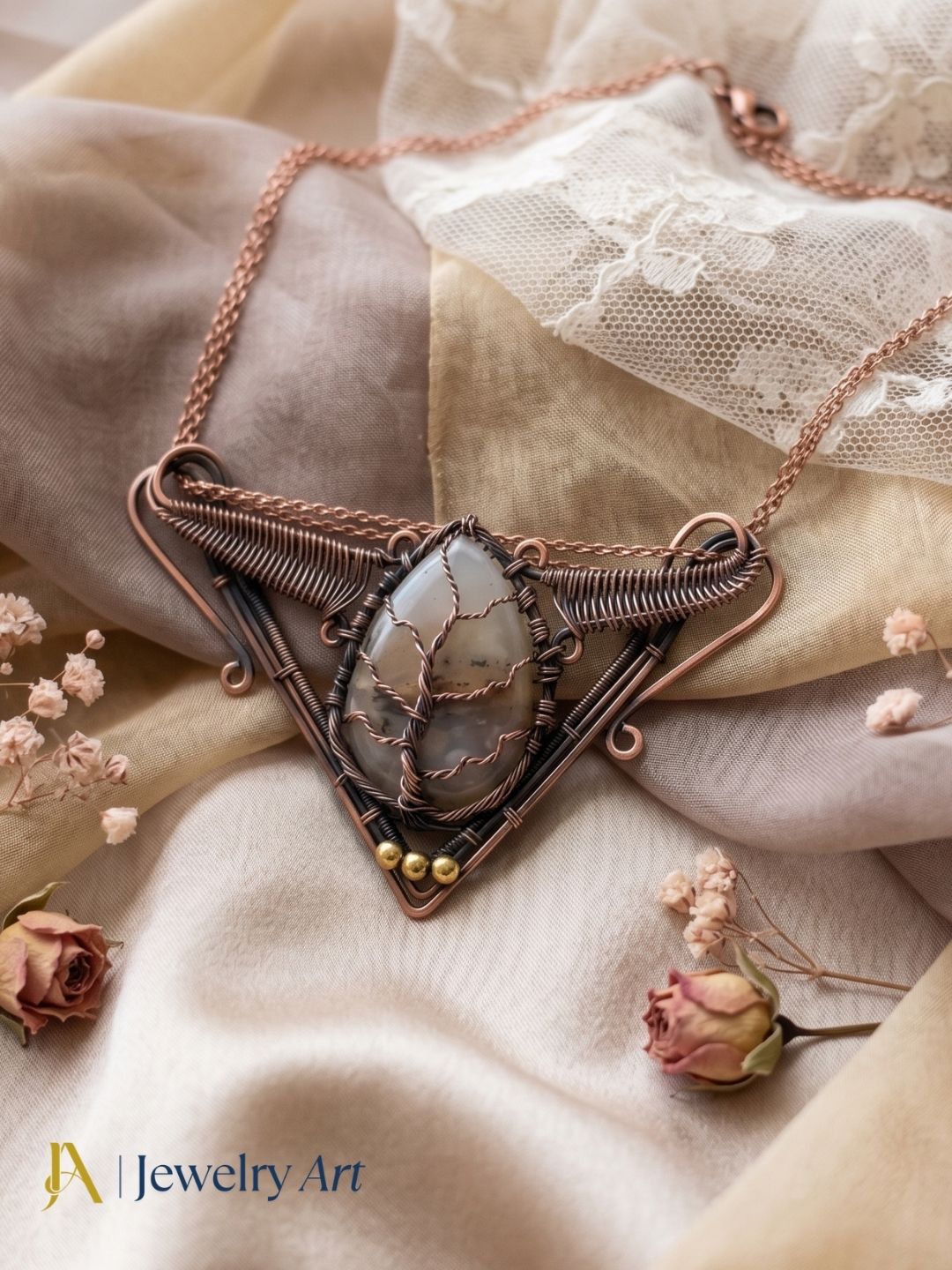 Awesome Handcrafted Copper Oxidized Agate Gem Stone Wire Wrapped Cute Designer Necklace