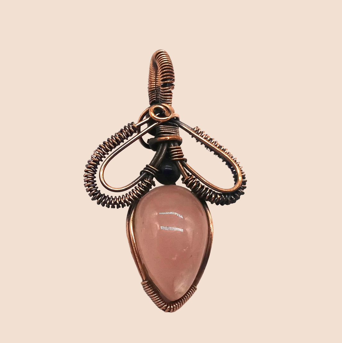 Artistic Handcrafted Copper Oxidized Rose Quartz Gem Stone Wire Wrapped Charming Designer Pendant