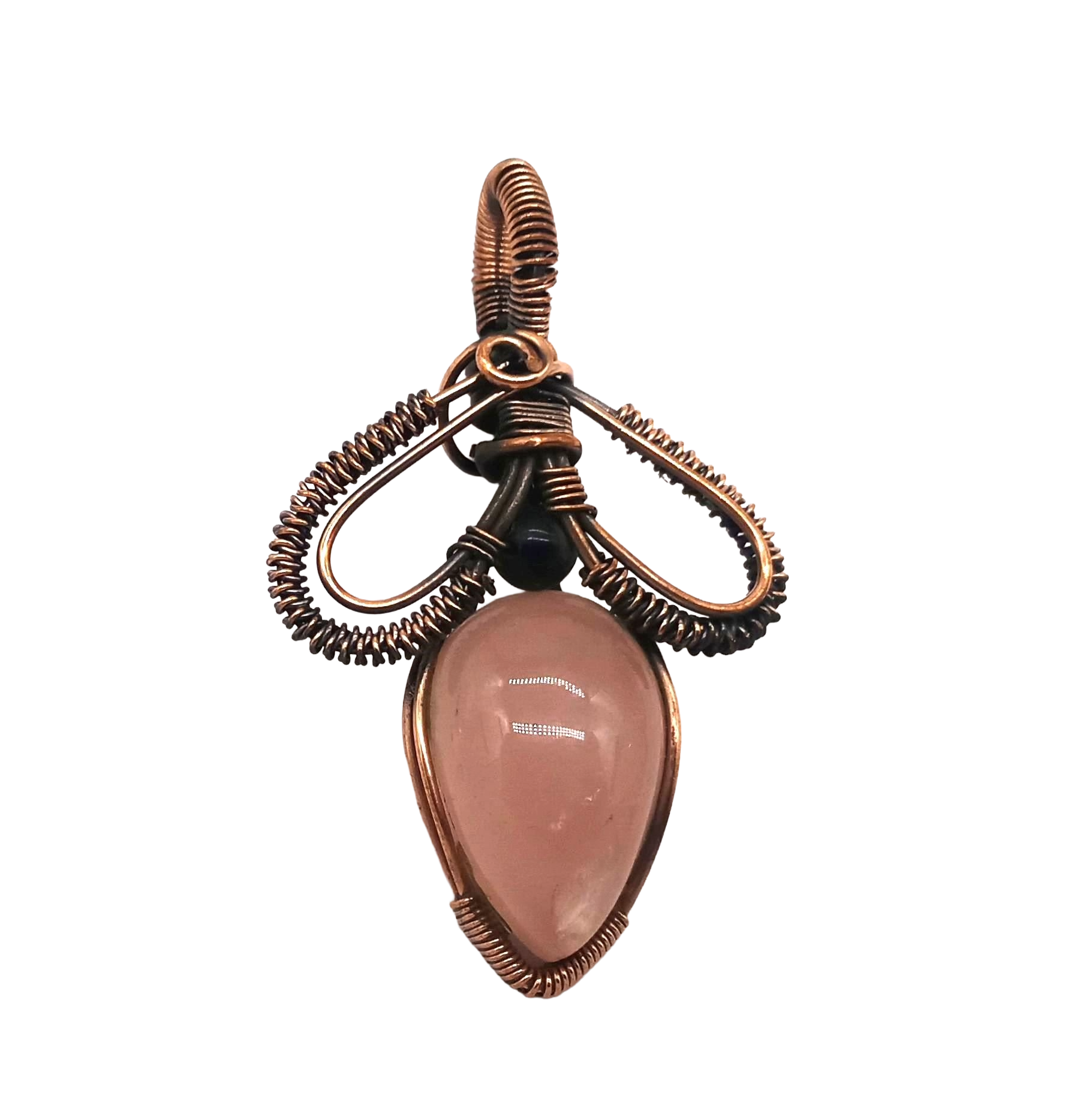 Artistic Handcrafted Copper Oxidized Rose Quartz Gem Stone Wire Wrapped Charming Designer Pendant