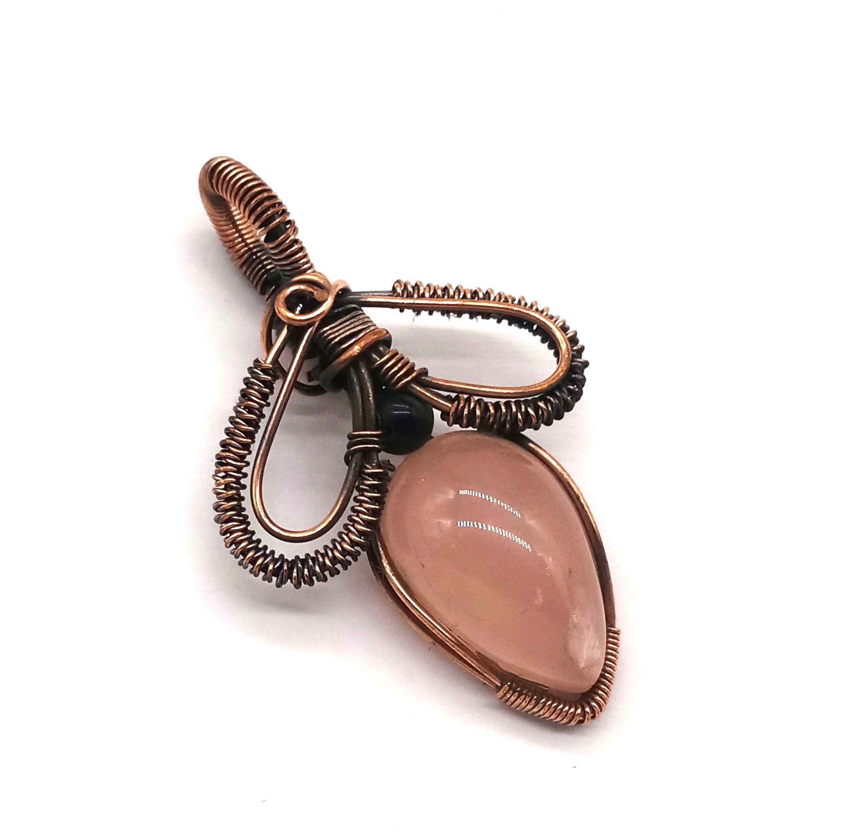 Artistic Handcrafted Copper Oxidized Rose Quartz Gem Stone Wire Wrapped Charming Designer Pendant