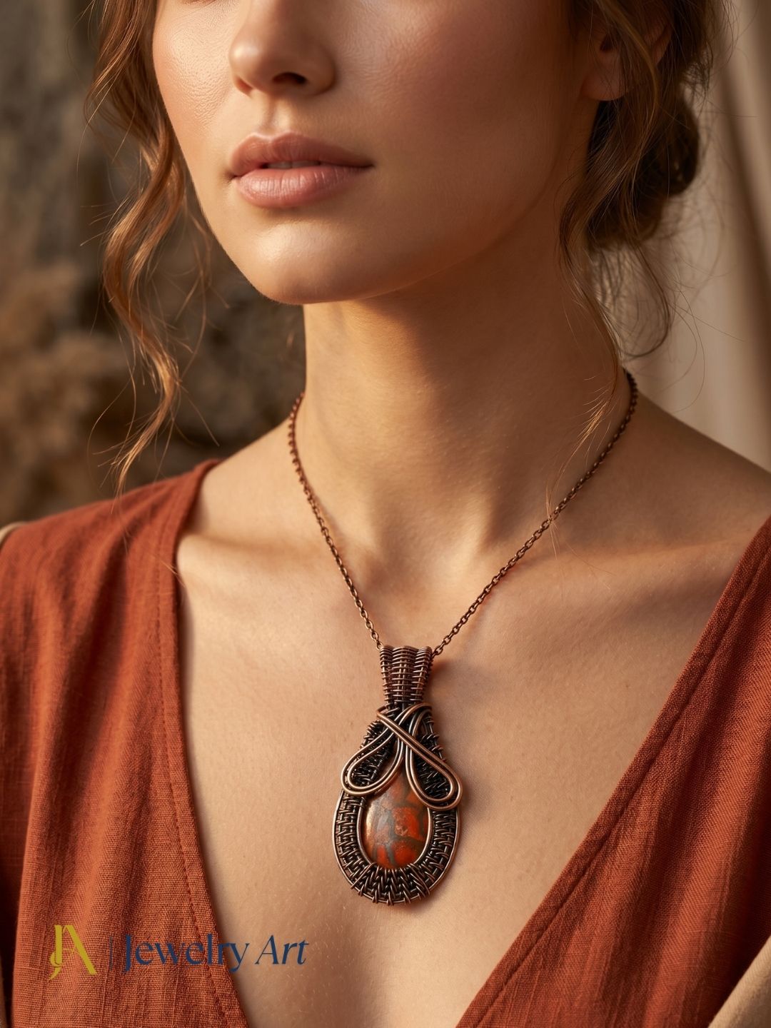 Copper oxidized poppy jasper pendant handmade wire wrap artisan jewelry
