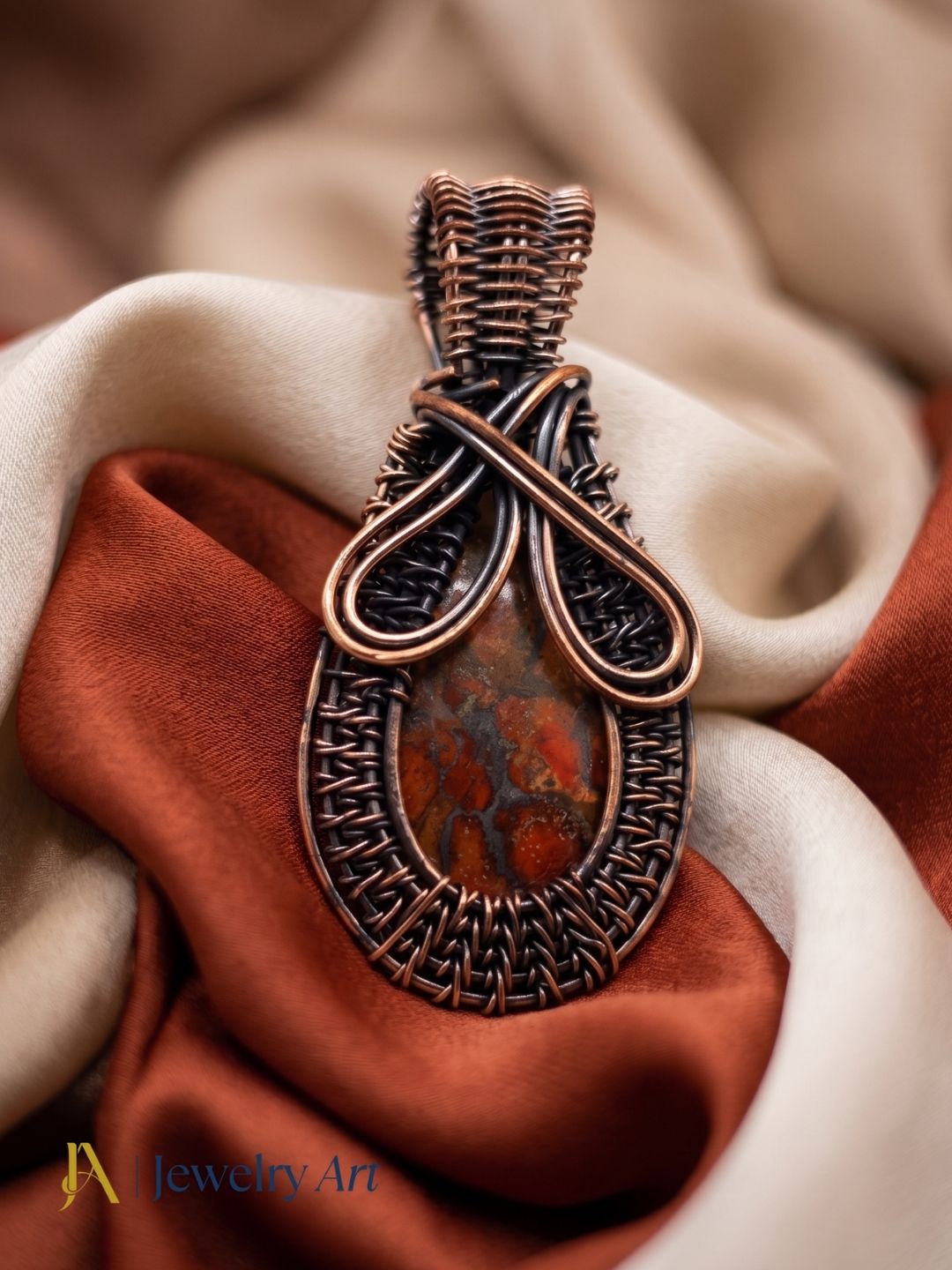 Artistic Handcrafted Copper Oxidized Poppy Jasper Gem Stone Wire Wrapped Charming Designer Pendant