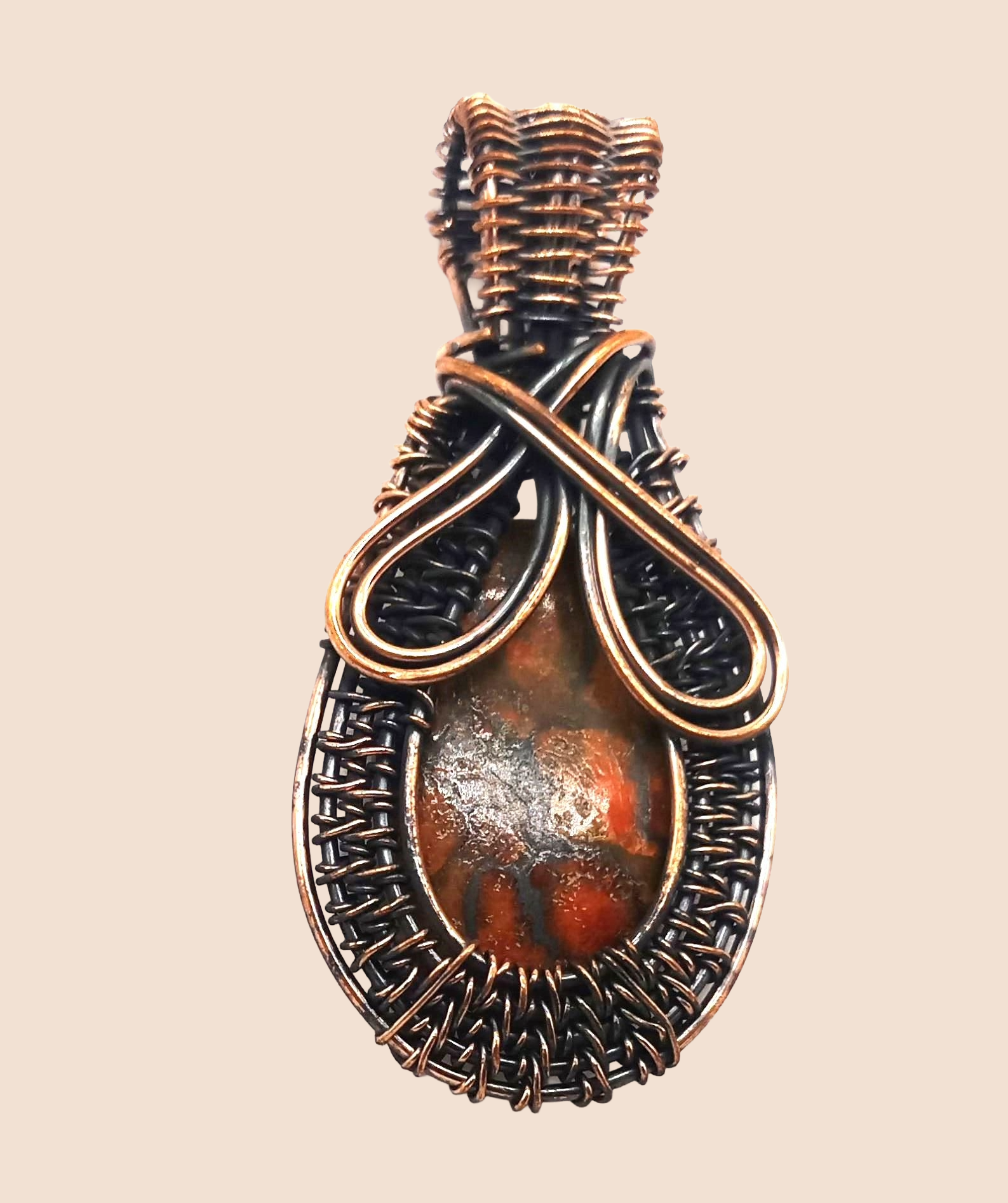 Artistic Handcrafted Copper Oxidized Poppy Jasper Gem Stone Wire Wrapped Charming Designer Pendant