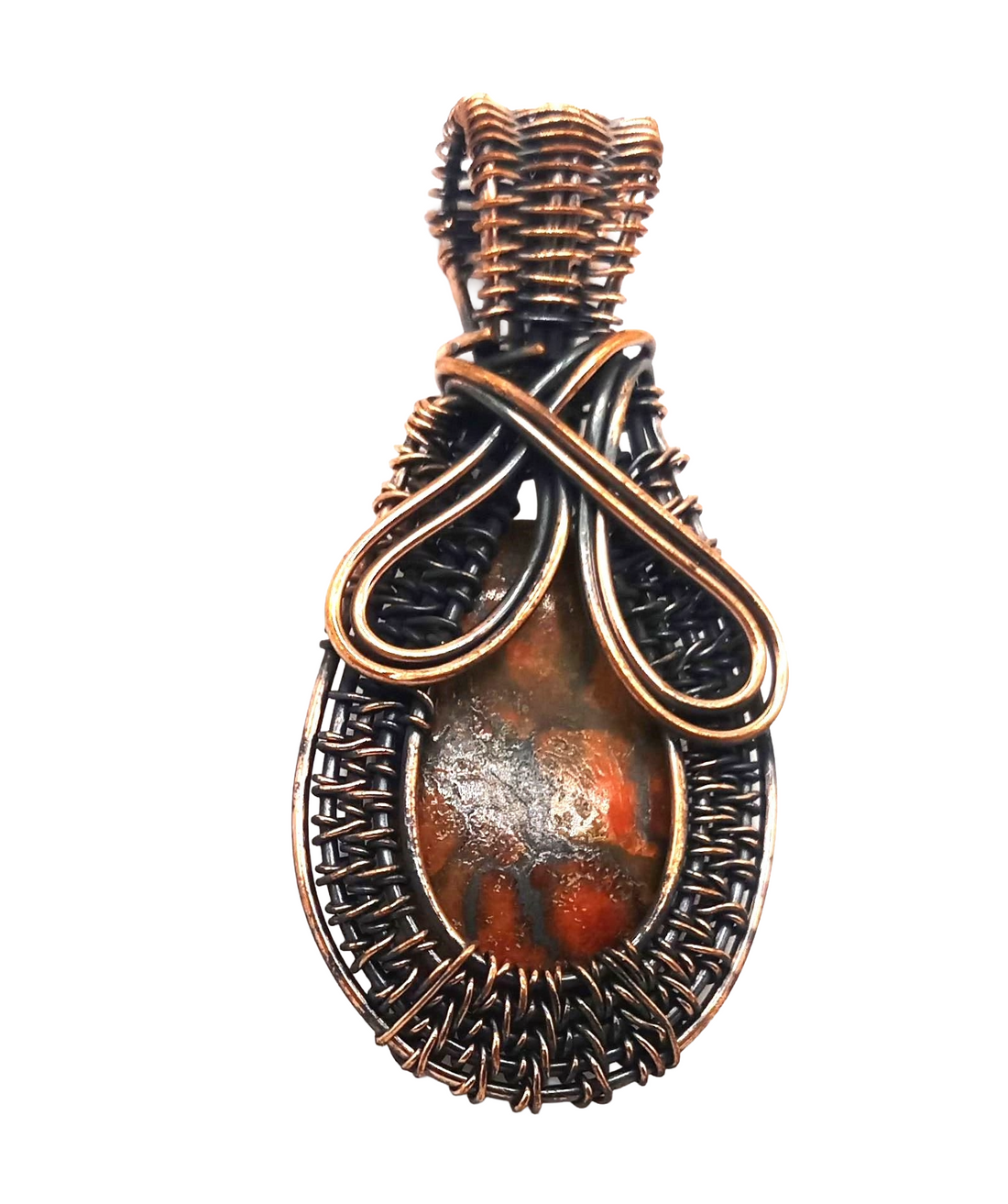 Artistic Handcrafted Copper Oxidized Poppy Jasper Gem Stone Wire Wrapped Charming Designer Pendant