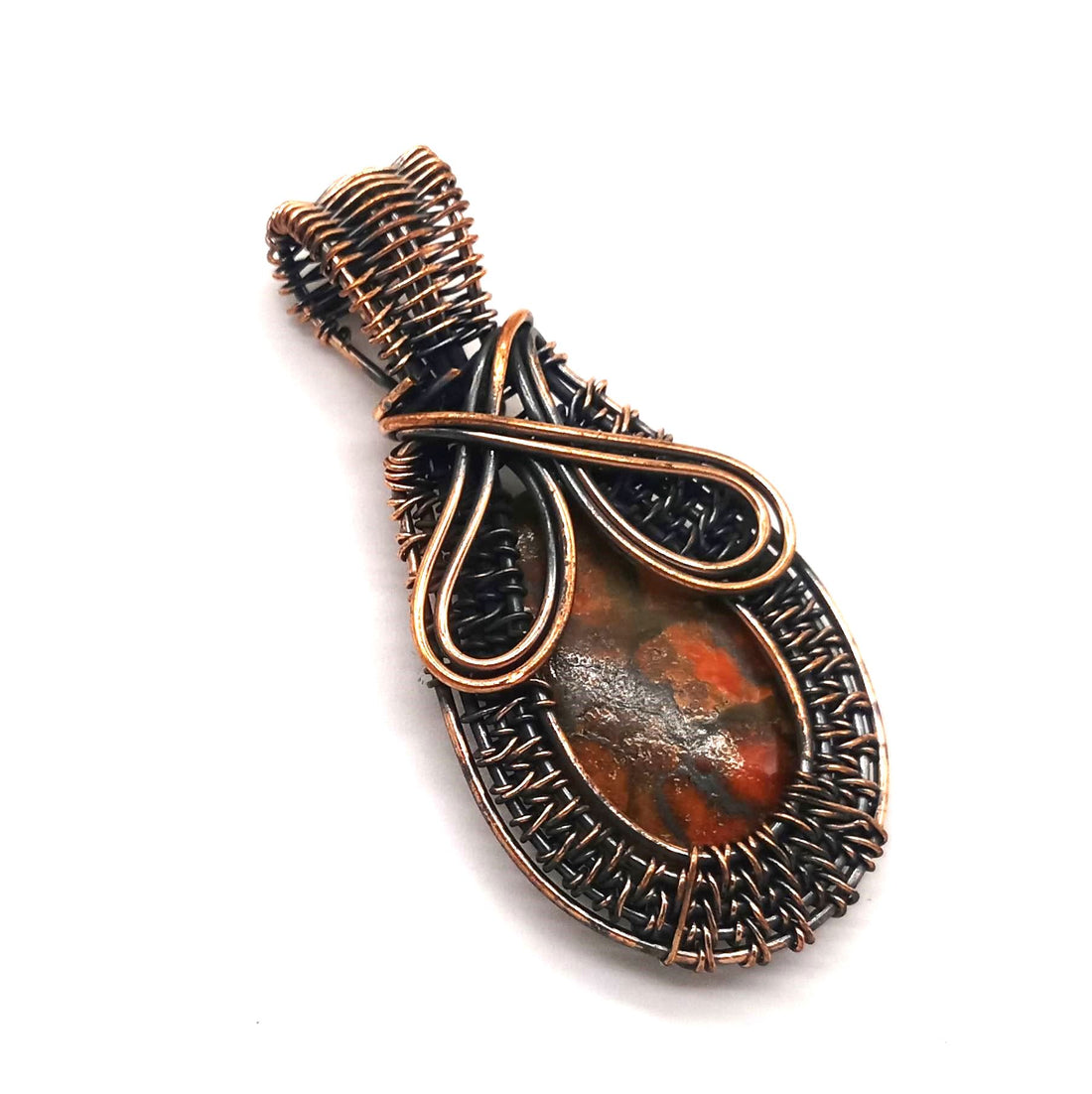 Artistic Handcrafted Copper Oxidized Poppy Jasper Gem Stone Wire Wrapped Charming Designer Pendant