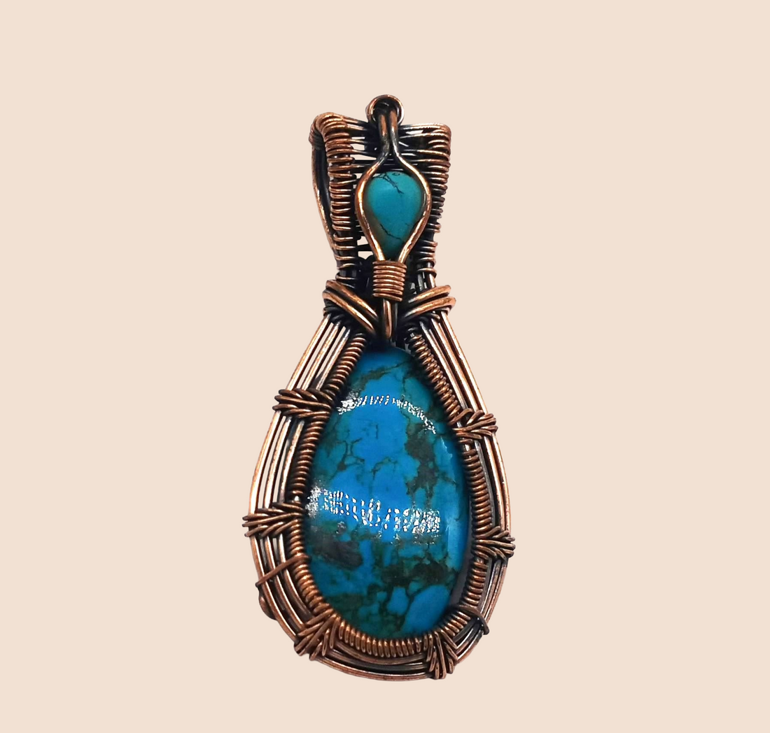 Artistic Handcrafted Copper Oxidized Turquoise Gem Stone Wire Wrapped Charming Designer Pendant