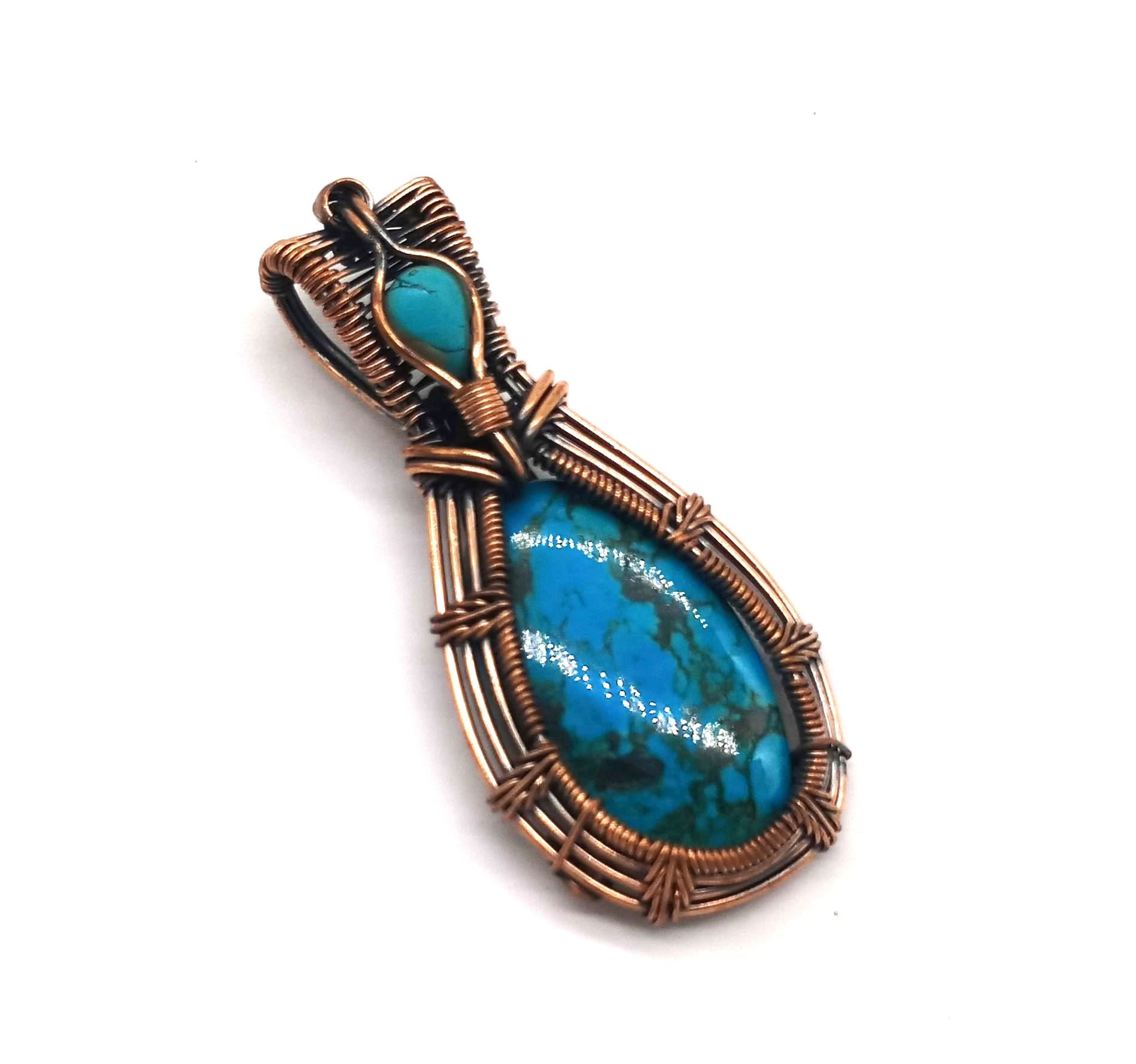 Artistic Handcrafted Copper Oxidized Turquoise Gem Stone Wire Wrapped Charming Designer Pendant