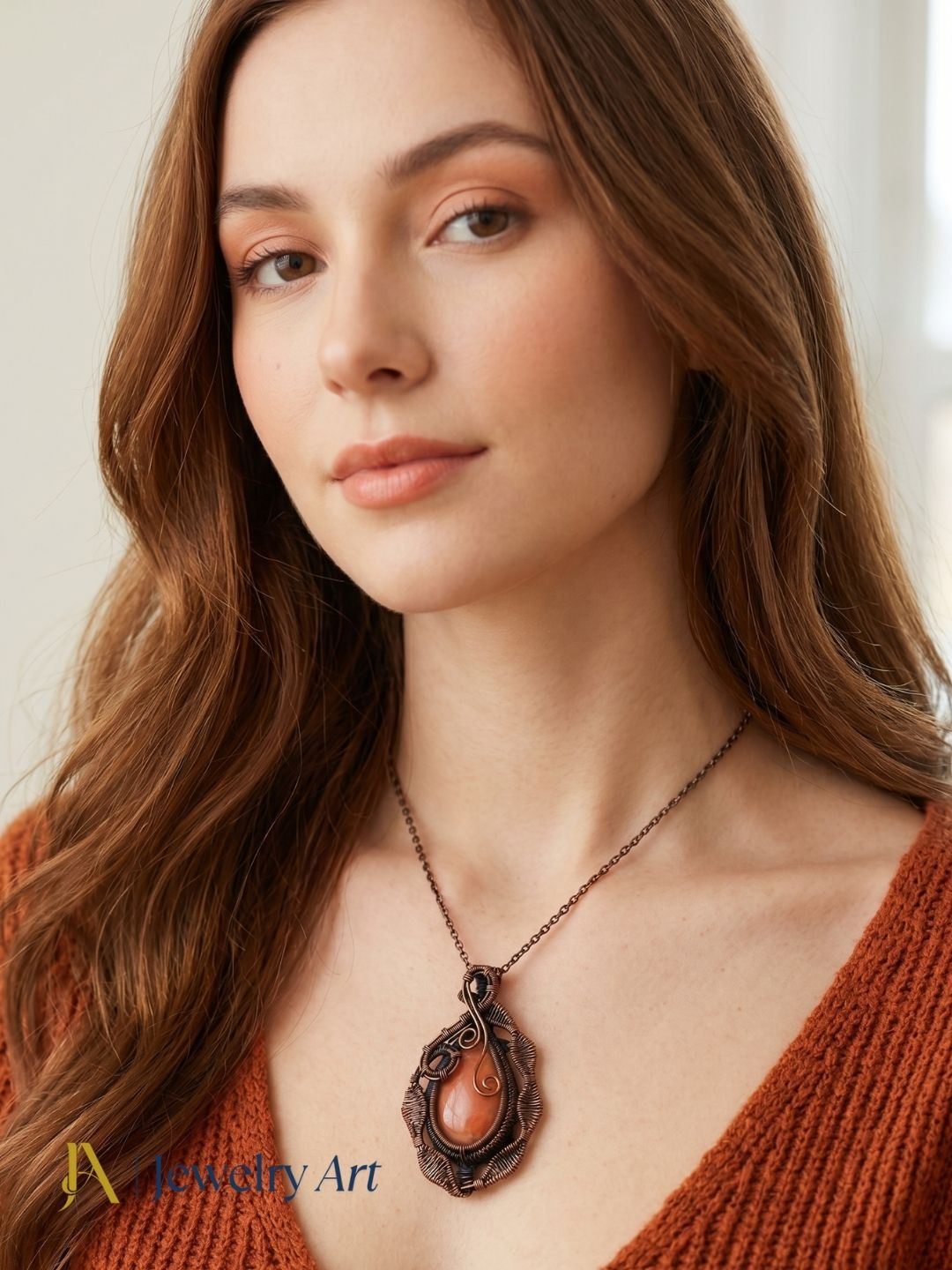 Red aventurine gemstone pendant copper tone handcrafted wire wrapped design
