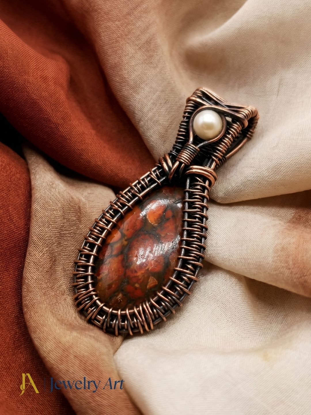 Artistic Handcrafted Copper Oxidized Poppy Jasper - Pearl Gem Stone Wire Wrapped Charming Designer Pendant