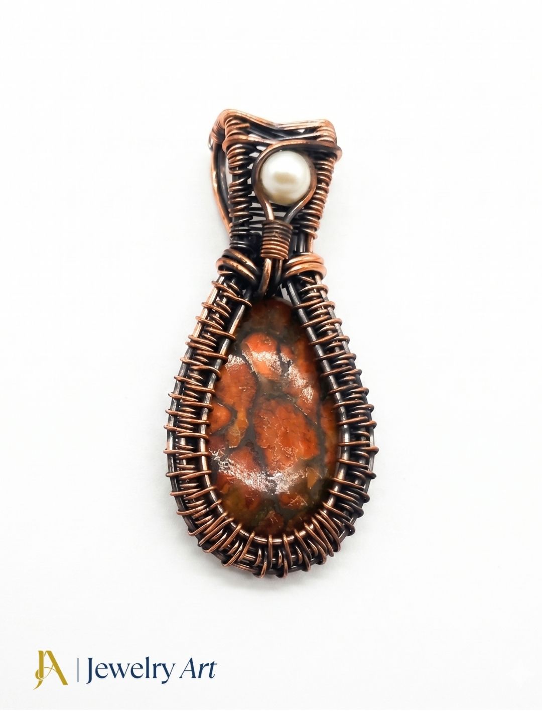 Artistic Handcrafted Copper Oxidized Poppy Jasper - Pearl Gem Stone Wire Wrapped Charming Designer Pendant