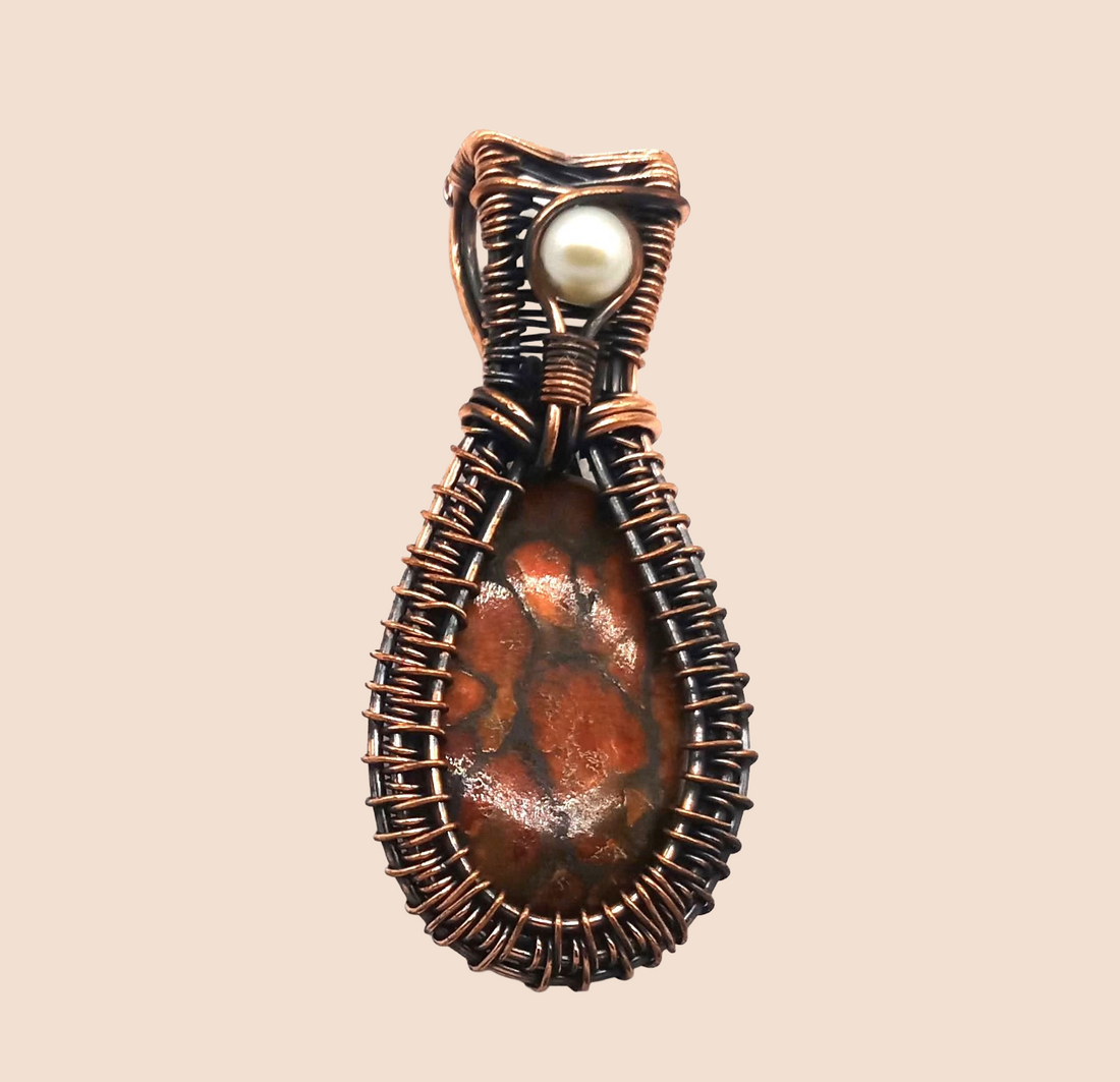 Artistic Handcrafted Copper Oxidized Poppy Jasper - Pearl Gem Stone Wire Wrapped Charming Designer Pendant
