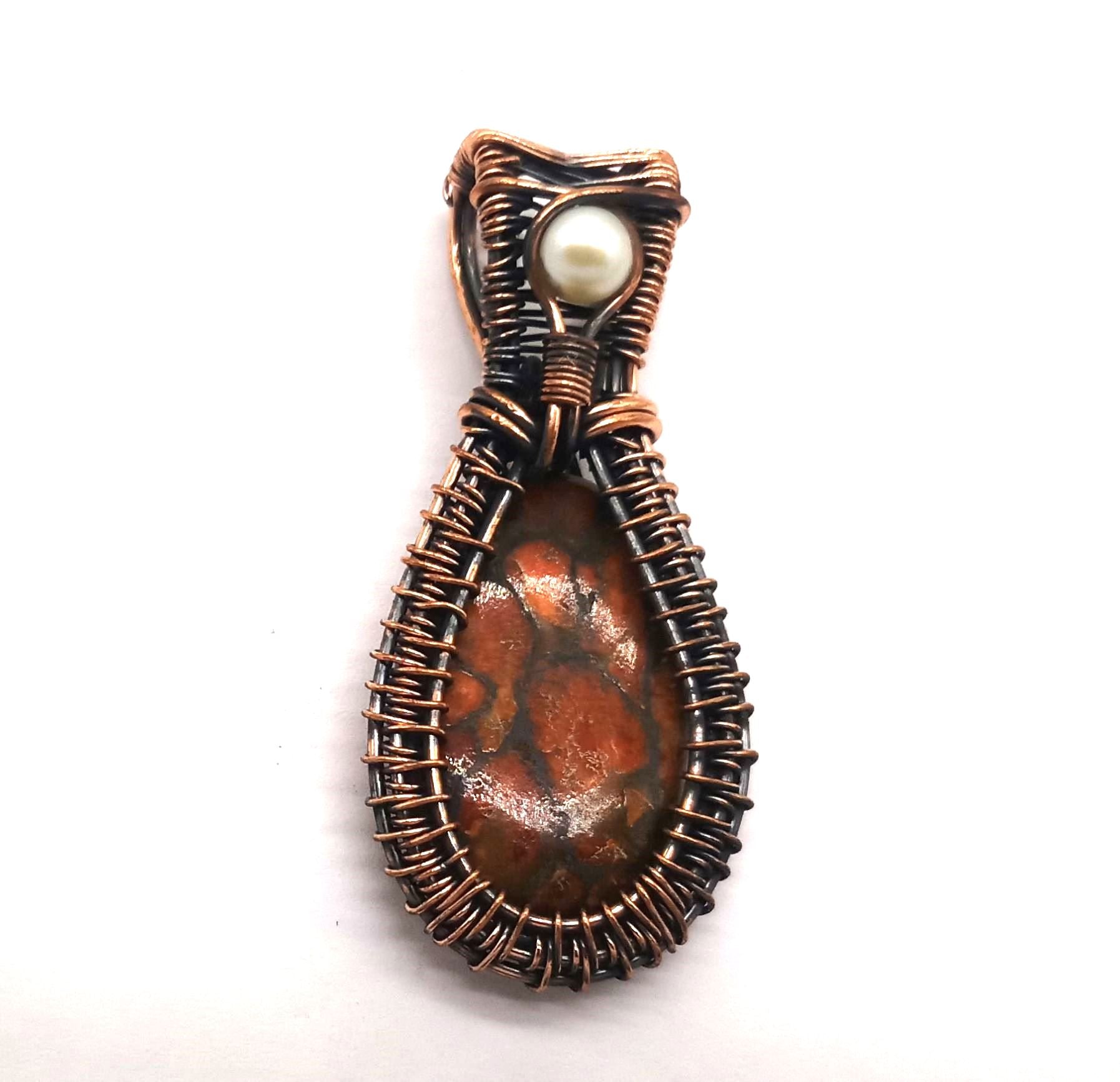 Artistic Handcrafted Copper Oxidized Poppy Jasper - Pearl Gem Stone Wire Wrapped Charming Designer Pendant