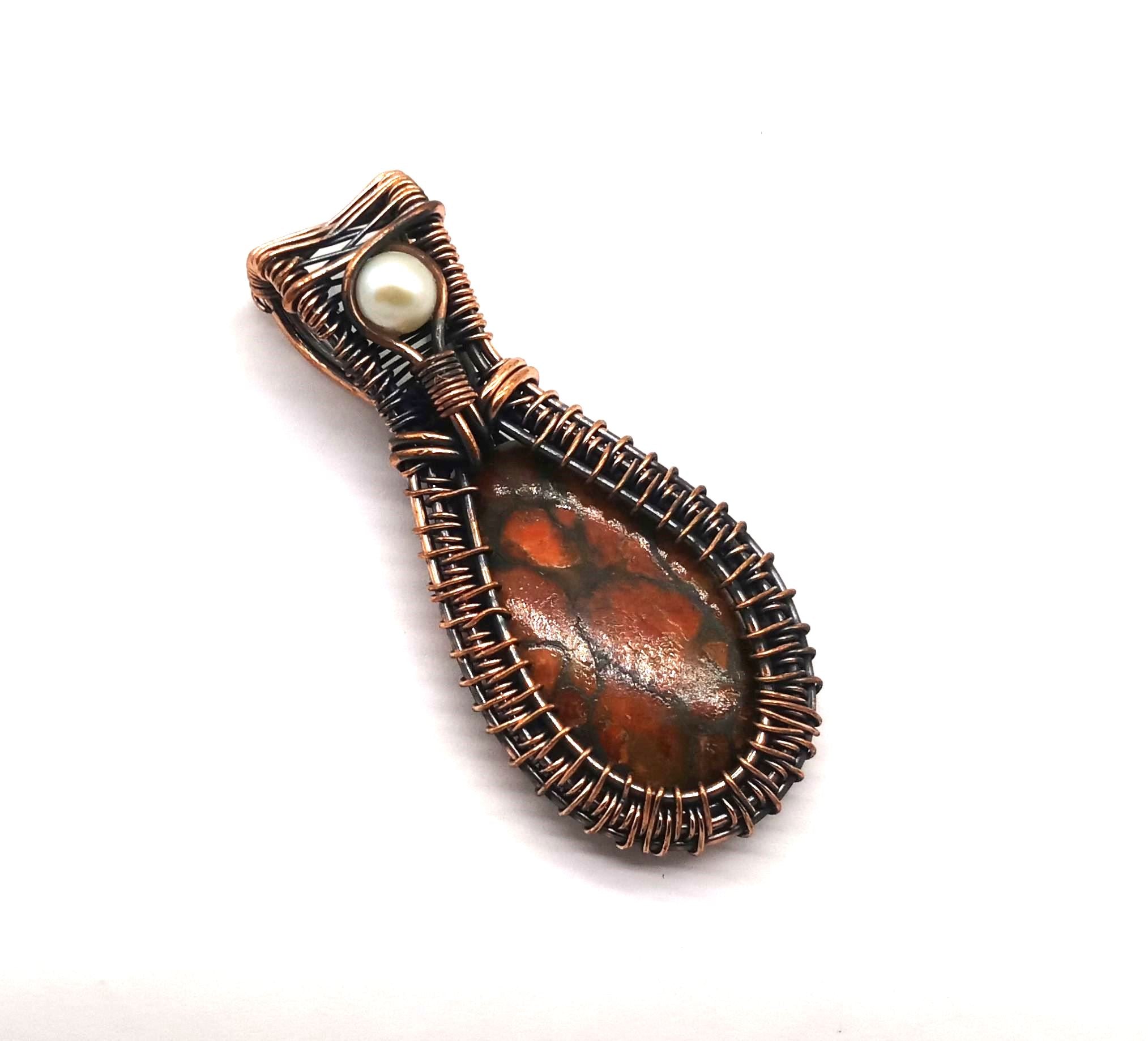 Artistic Handcrafted Copper Oxidized Poppy Jasper - Pearl Gem Stone Wire Wrapped Charming Designer Pendant