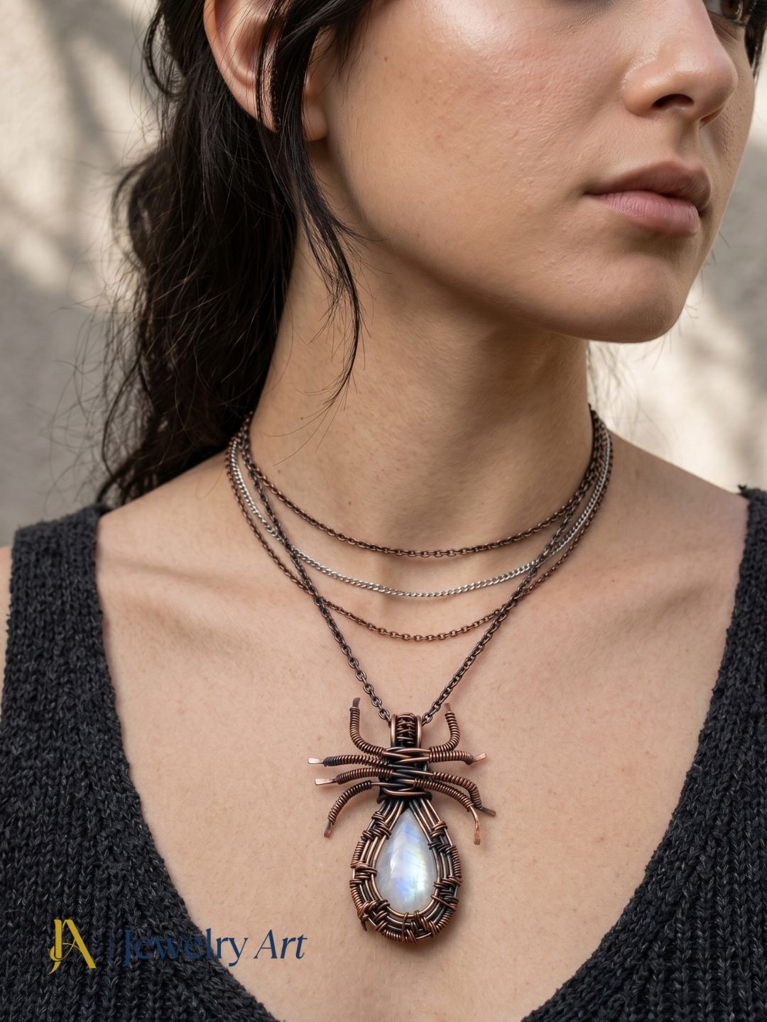 Handmade scorpion pendant with white rainbow gemstone copper tone artistic style
