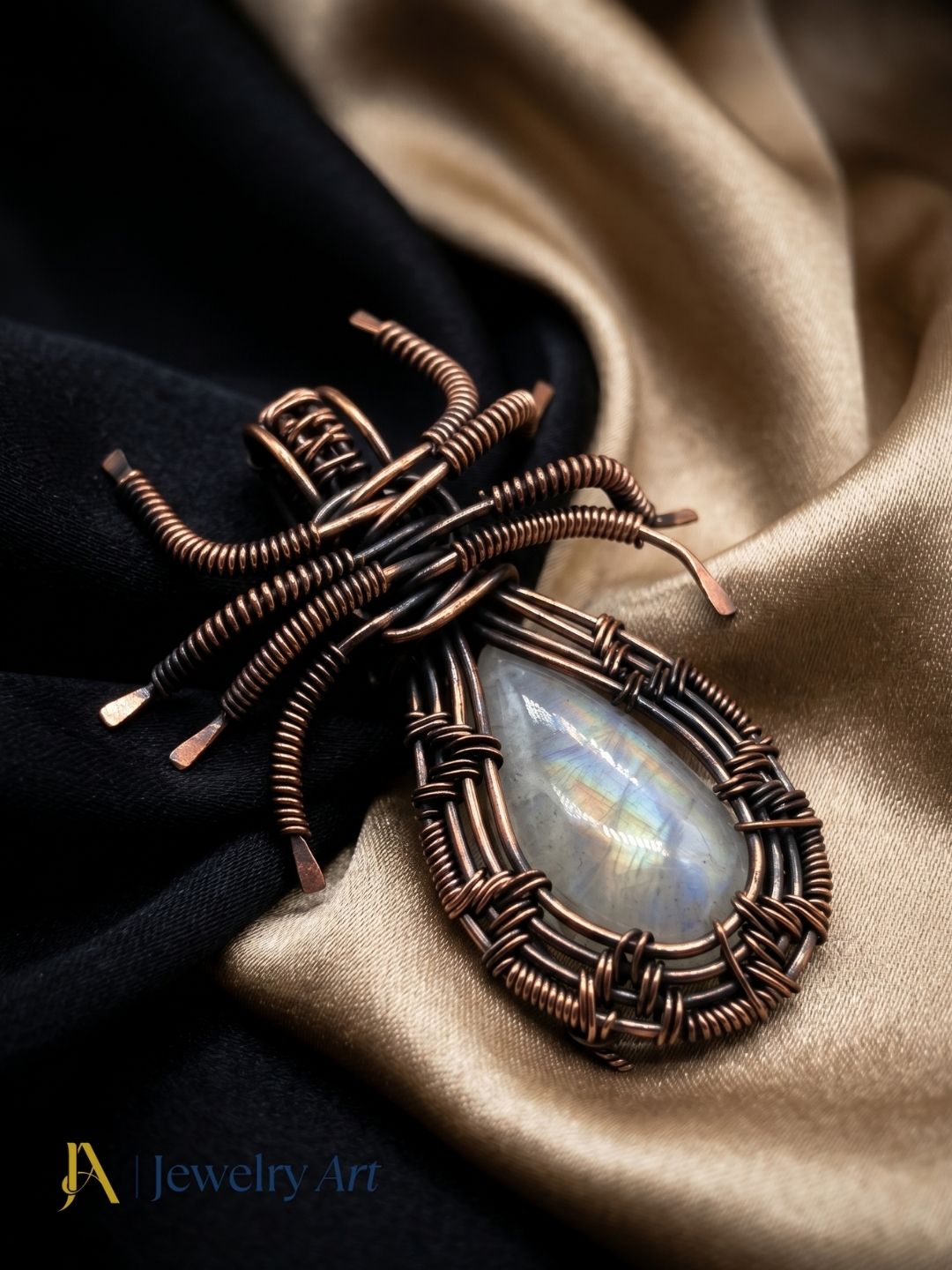 Artistic Handcrafted Copper Oxidized White Rainbow Gem Stone Wire Wrapped Scorpion Designer Pendant