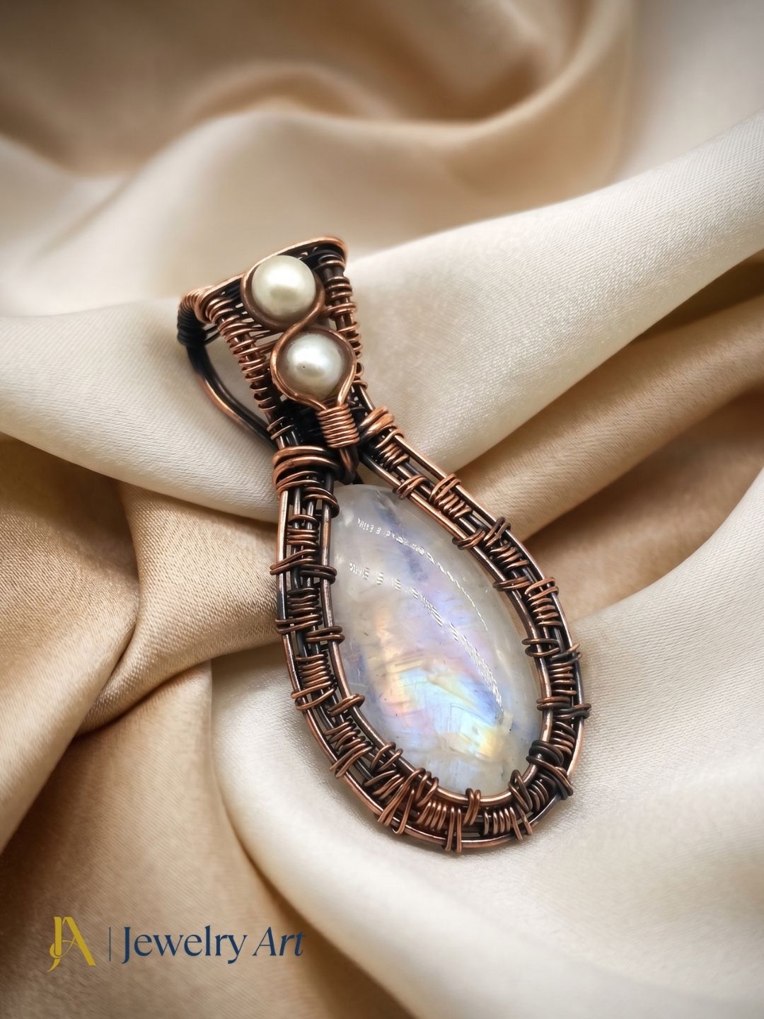 Artistic Handcrafted Copper Oxidized White Rainbow-Pearl Gem Stone Wire Wrapped Charming Designer Pendant