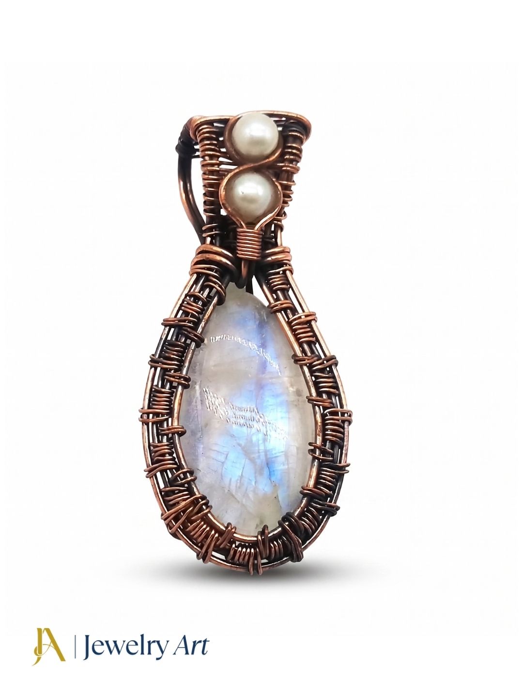 Artistic Handcrafted Copper Oxidized White Rainbow-Pearl Gem Stone Wire Wrapped Charming Designer Pendant