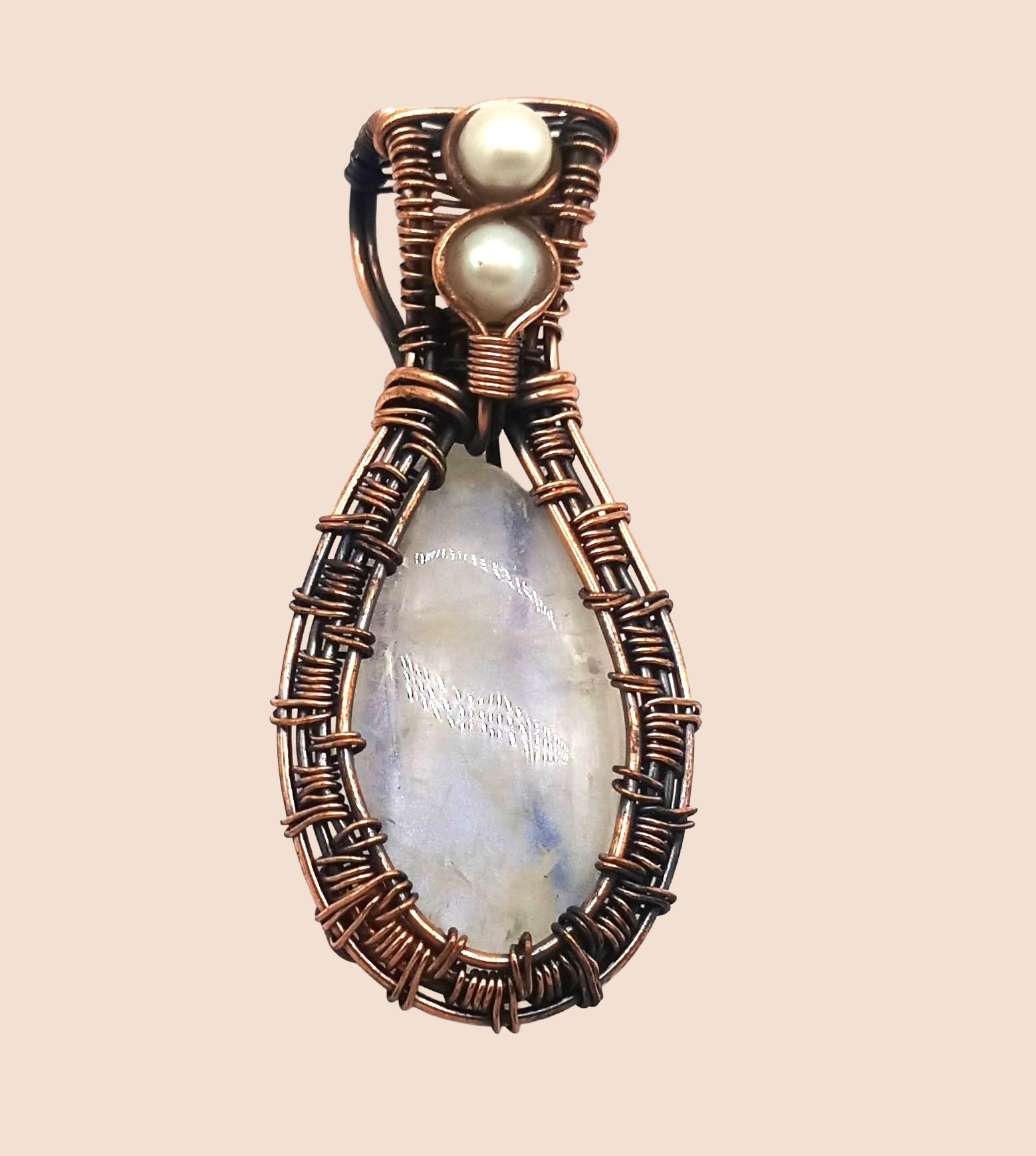 Artistic Handcrafted Copper Oxidized White Rainbow-Pearl Gem Stone Wire Wrapped Charming Designer Pendant