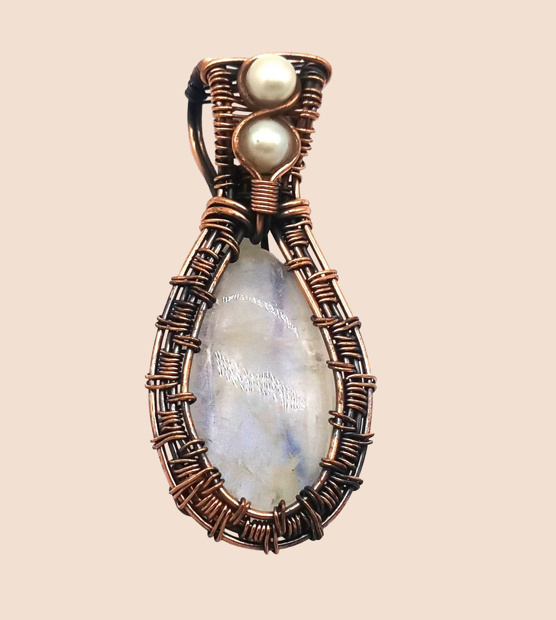 Artistic Handcrafted Copper Oxidized White Rainbow-Pearl Gem Stone Wire Wrapped Charming Designer Pendant
