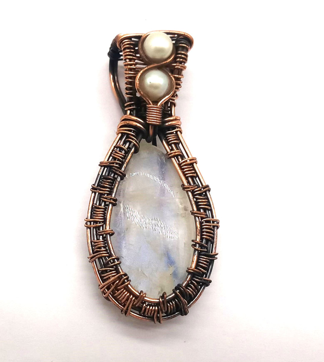 Artistic Handcrafted Copper Oxidized White Rainbow-Pearl Gem Stone Wire Wrapped Charming Designer Pendant