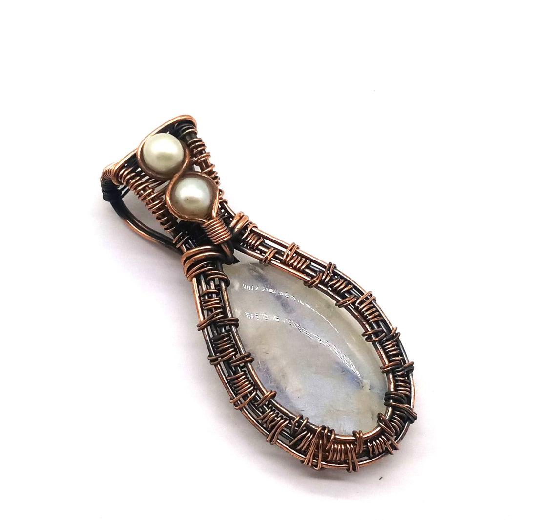 Artistic Handcrafted Copper Oxidized White Rainbow-Pearl Gem Stone Wire Wrapped Charming Designer Pendant