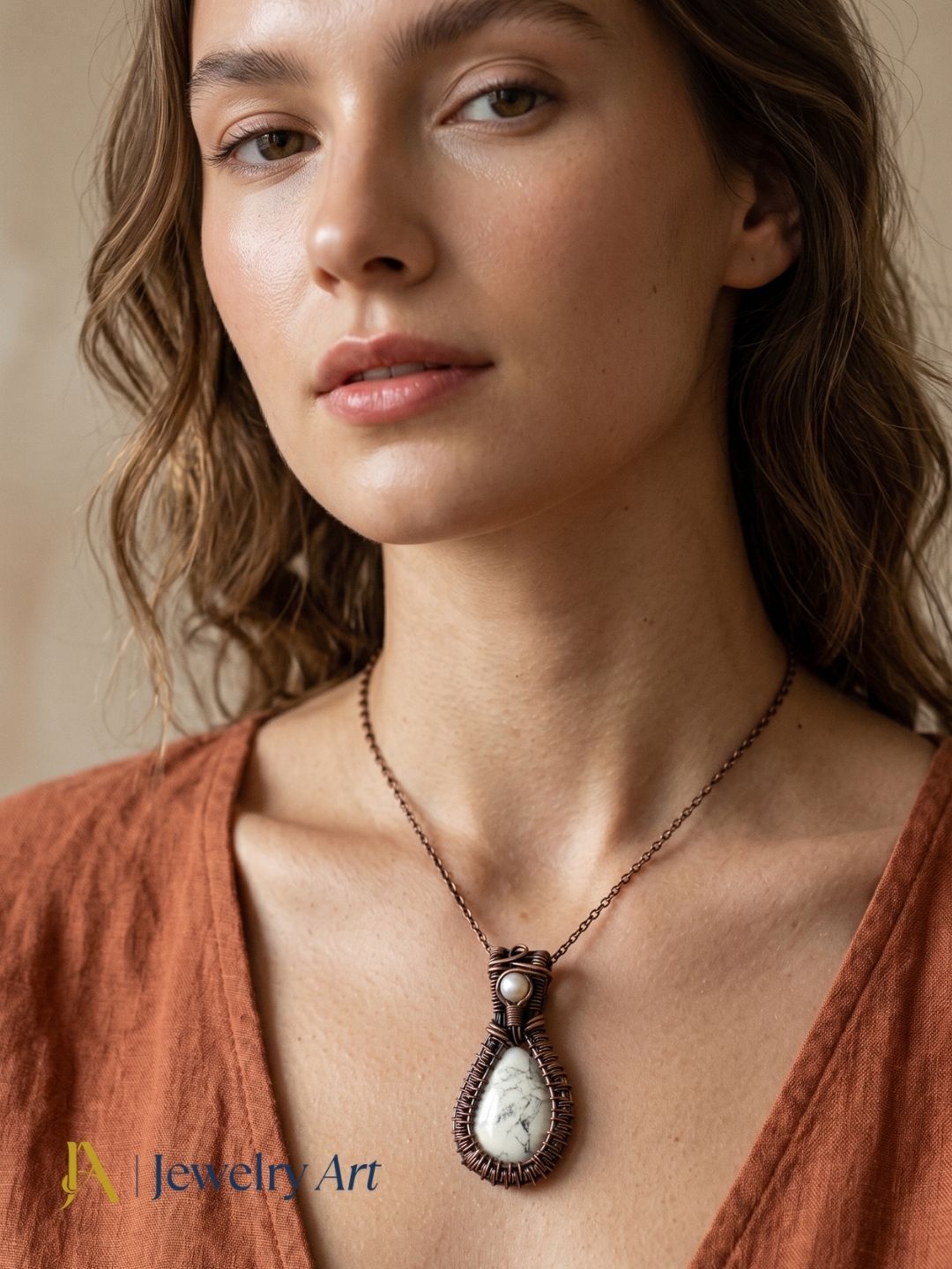 Rustic oxidized copper pendant with pearl and dendrite opal gemstone look
