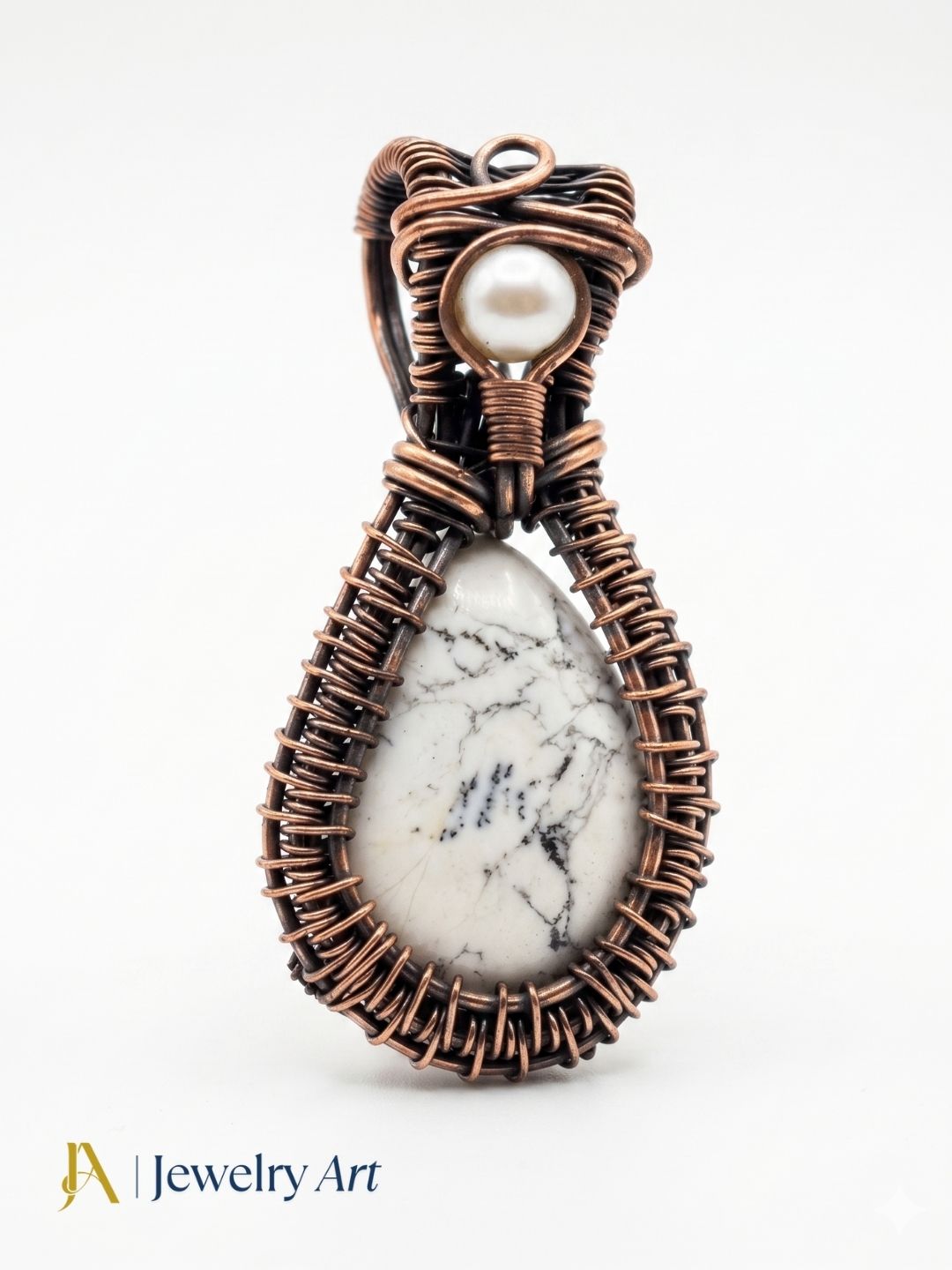 Artistic Handcrafted Copper Oxidized Pearl - Dendrite Opal Gem Stone Wire Wrapped Charming Designer Pendant